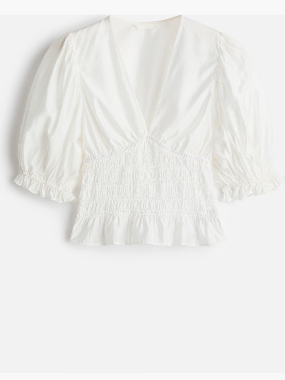 H&M White Smocked V-Neck Puff Sleeve Blouse